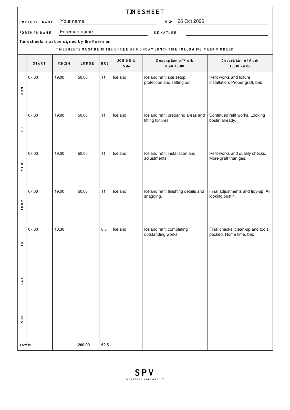 Completed Iceland refit timesheet: Monday to Thursday 07:00–19:00, Friday 07:00–16:30, total 52.5 hours and £200 lodge